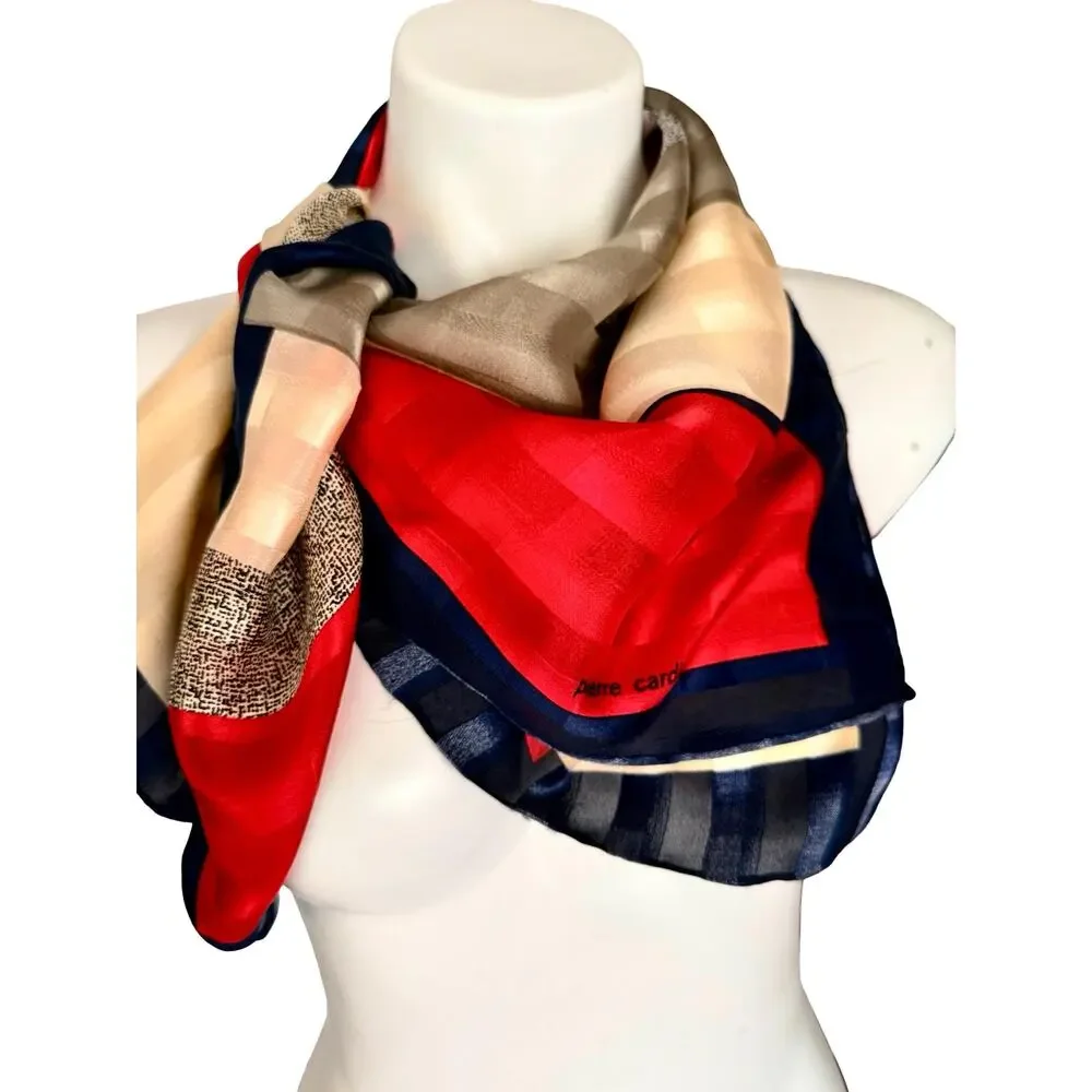 Vintage Pierre Cardin Silk Scarf 1980s Geometric Colorblock Navy Red 30x30